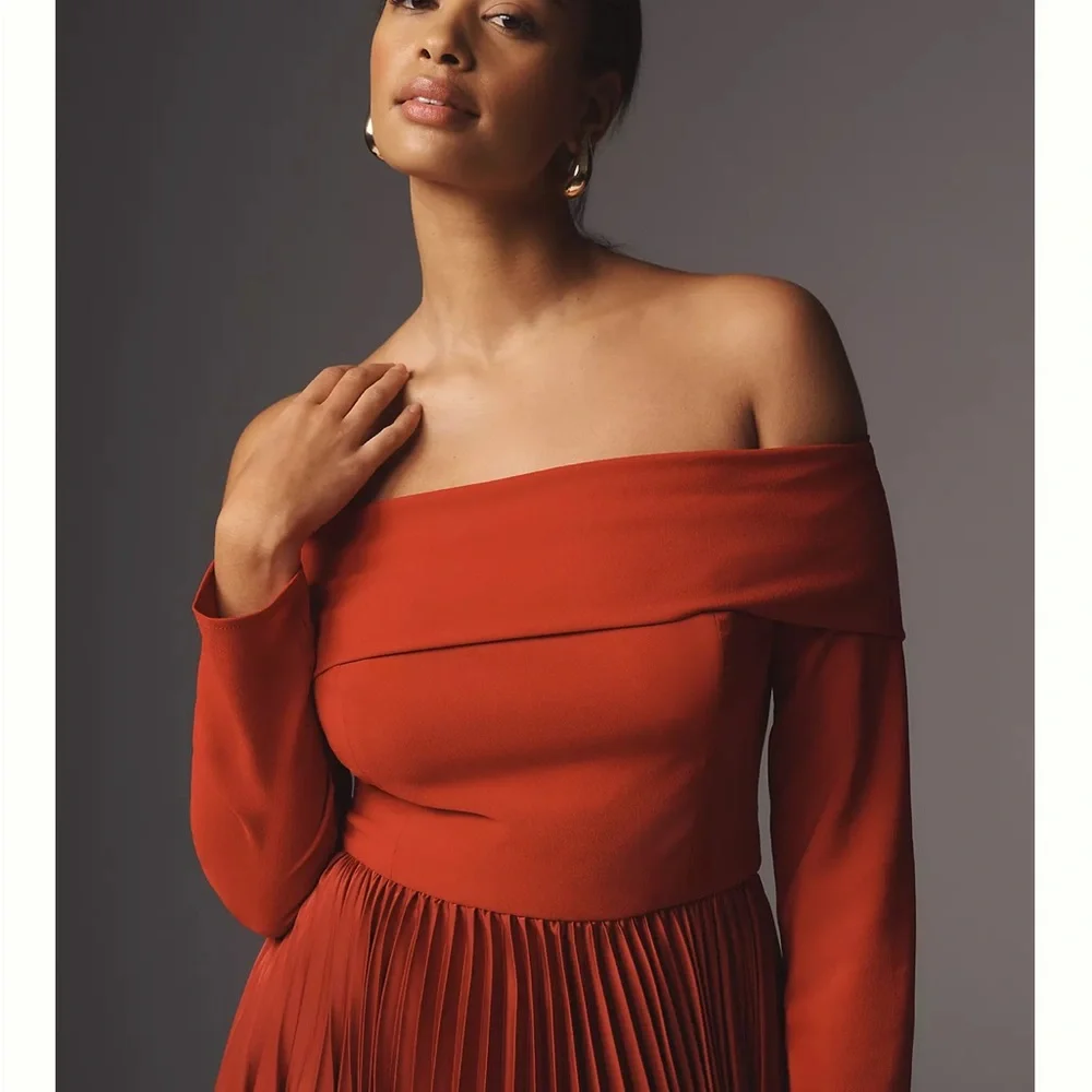 NWT Hutch Wedding Guest Dress Women's Long Sleeve Off-Shoulder Dress in Red - Picture 3 of 13